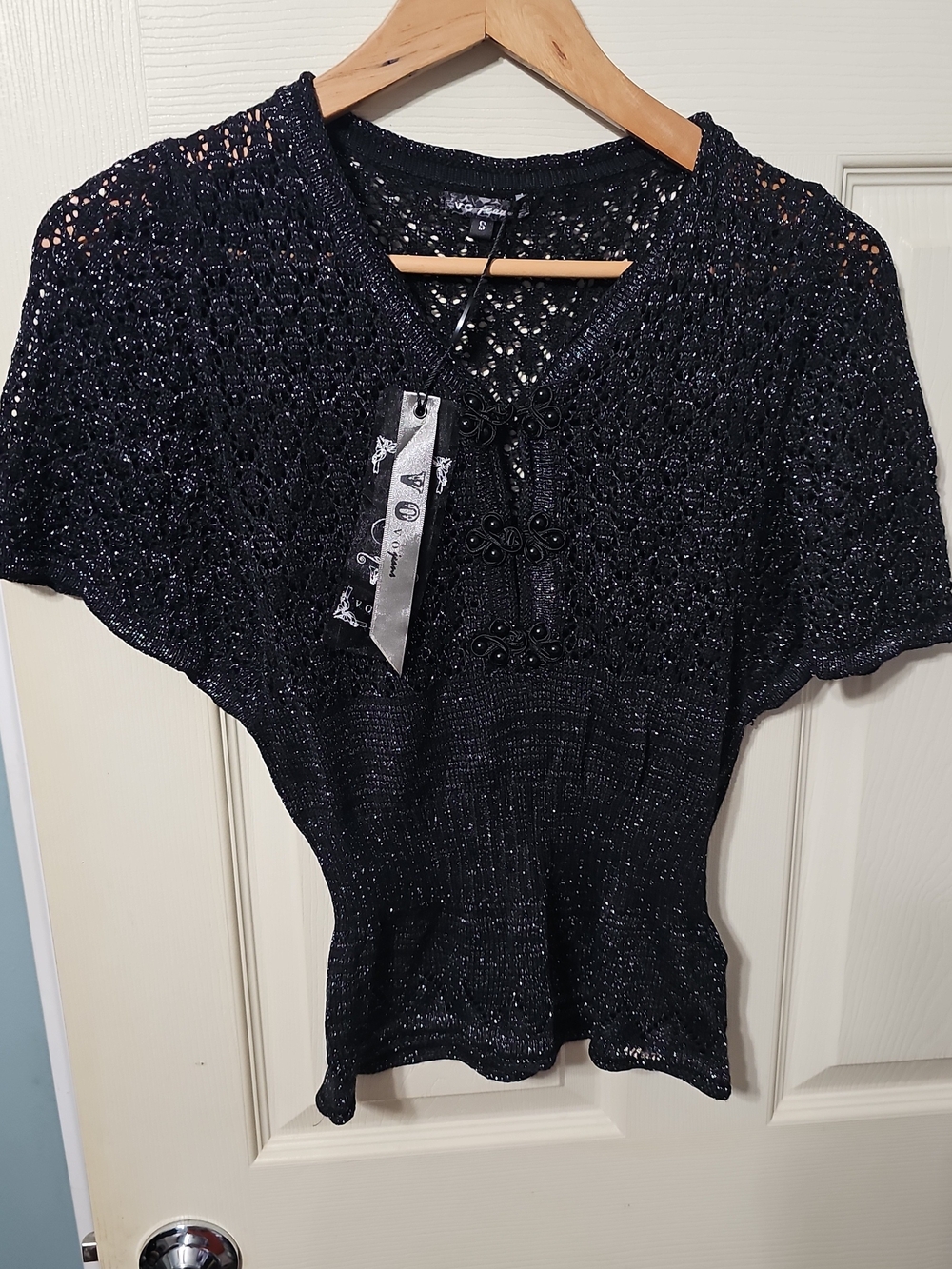 VO Jeans Black & Silver Metallic Knit Short Sleeve Slit V-Neck Top Women's S BB1